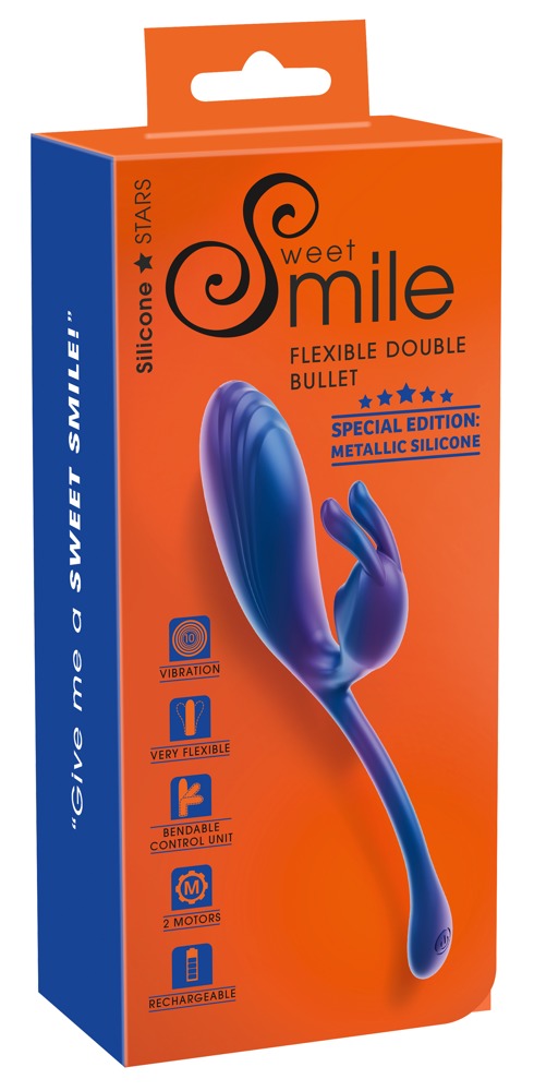 Sweet Smile Dual Vibrator mit flexiblem Vibro-Bunny – blau-violetter Vibrator zusammen mit der orange-blauen Sweet Smile Verpackung