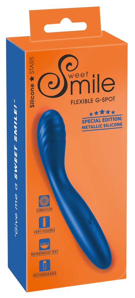 Sweet Smile Flexible G-Spot G-Punkt-Vibrator in Blau – Produktansicht zusammen mit der orange-blauen Sweet Smile Verpackung