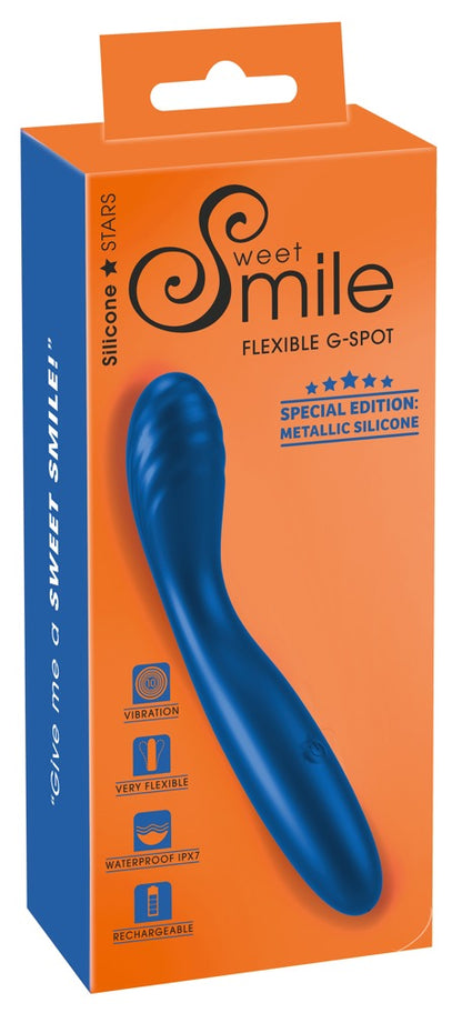 Sweet Smile Flexible G-Spot G-Punkt-Vibrator in Blau – Produktansicht zusammen mit der orange-blauen Sweet Smile Verpackung