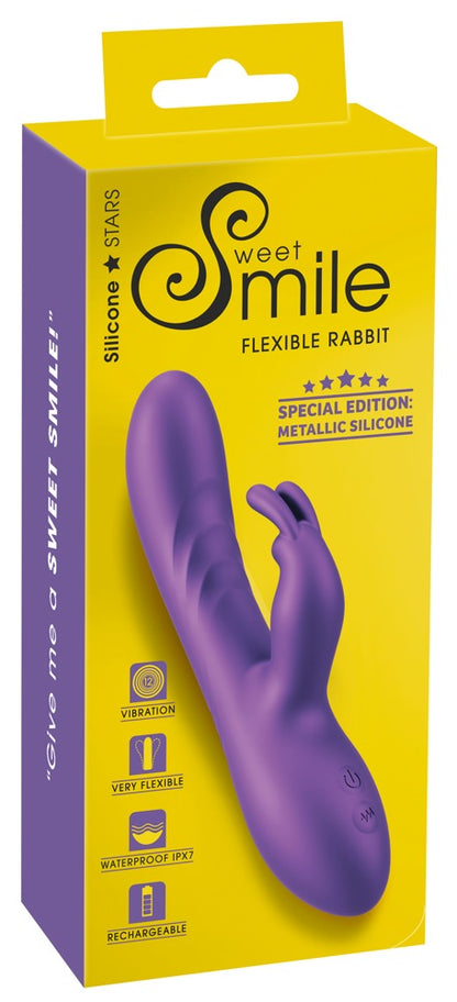 Sweet Smile Flexible Rabbit Vibrator für Dual-Stimulation in Lila – Produktansicht zusammen mit der gelb-violetten Sweet Smile Verpackung