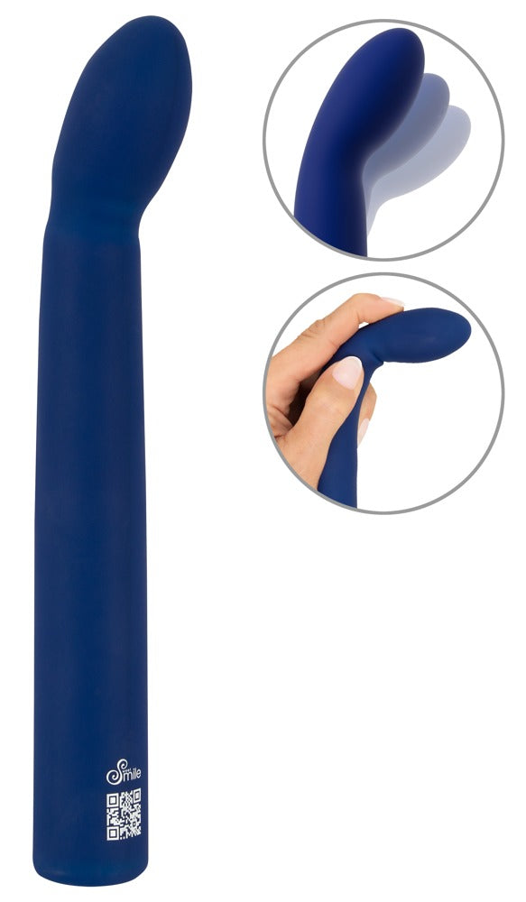 Sweet Smile flexibler G-Punkt Vibrator in Dunkelblau – große Produktansicht mit gebogenem Schaft und Detailansichten der flexiblen Spitze