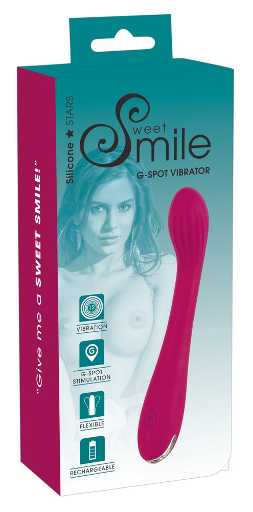 Sweet Smile flexibler G-Punkt- & P-Punkt-Vibrator in Pink – Produktansicht zusammen mit der türkis-pinken Sweet Smile Verpackung