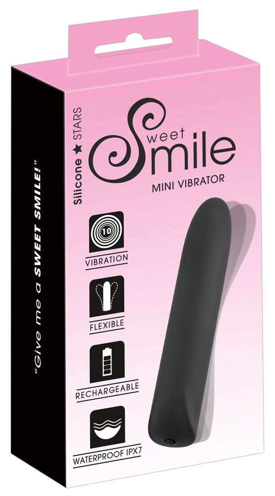 Sweet Smile Mini Vibrator für vielseitige Stimulation in Schwarz – Produktansicht zusammen mit der pink-schwarzen Sweet Smile Verpackung