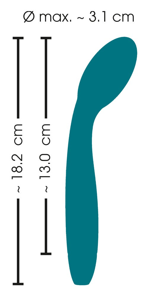 Sweet Smile Nodding Head G-Punkt-Vibrator in Türkis – Maßgrafik mit Seitenansicht und dargestellten Produktabmessungen