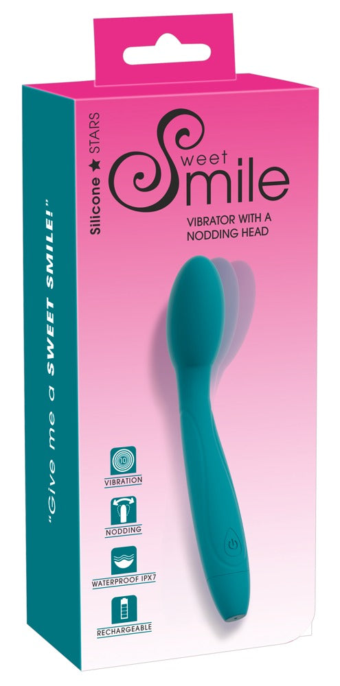Sweet Smile Nodding Head G-Punkt-Vibrator in Türkis – Produktansicht zusammen mit der pink-türkisen Sweet Smile Verpackung