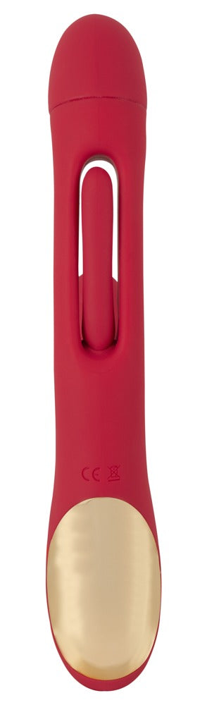 Sweet Smile Rabbit Vibrator in Rot – Rückansicht mit integriertem Bedienelement und goldfarbenem Griffende