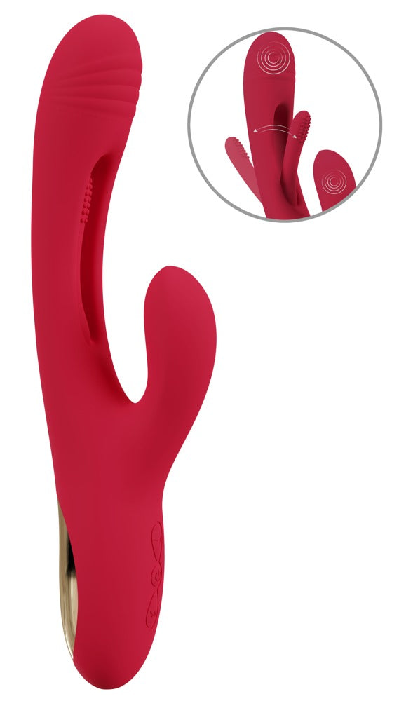 Sweet Smile Rabbit Vibrator in Rot – große Produktansicht mit geschwungenem Schaft, seitlichem Stimulationsarm und Detailansicht der Flicking-Tongue-Funktion