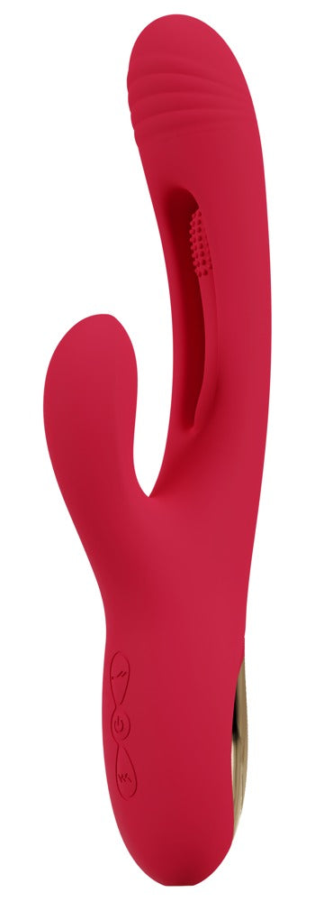 Sweet Smile Rabbit Vibrator in Rot – Seitenansicht mit geschwungenem Schaft und seitlichem Stimulationsarm