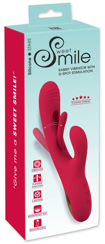 Sweet Smile Rabbit Vibrator mit Flicking-Tongue-Stimulation in Rot – Produktansicht zusammen mit der Sweet Smile Verpackung
