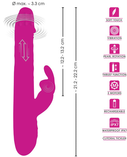 Produktgrafik des Sweet Smile Rabbit Vibrators mit Abmessungen und Funktionsübersicht