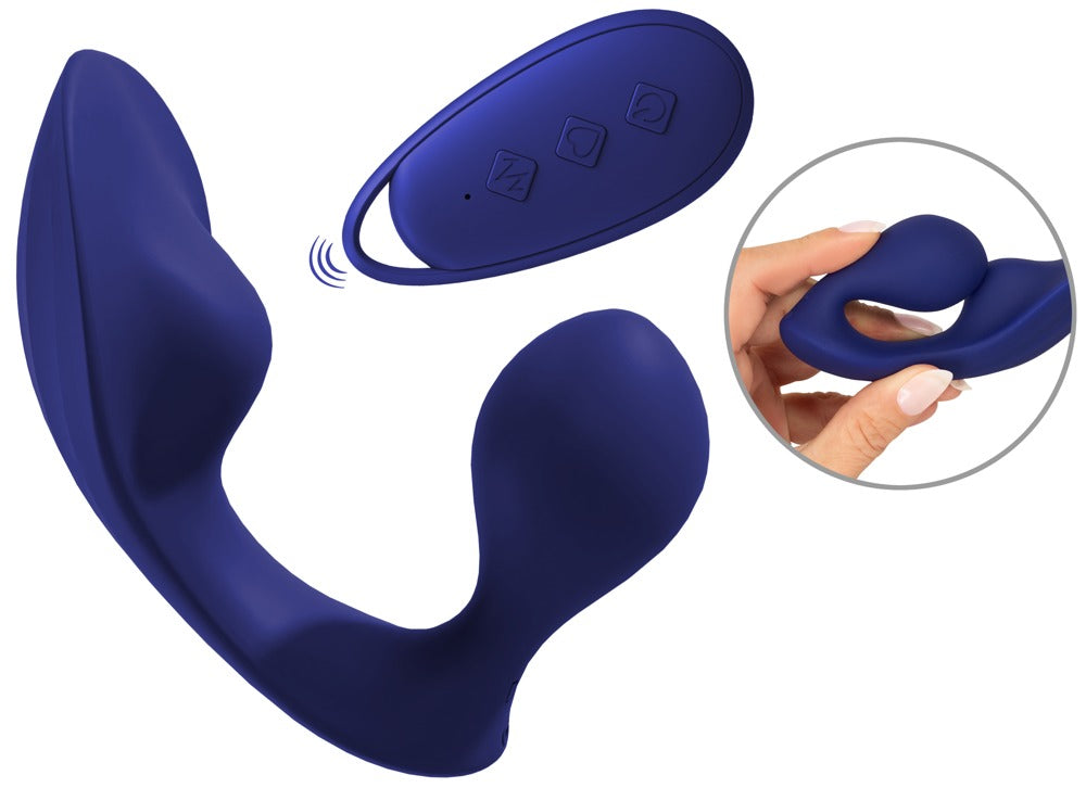 Sweet Smile RC Anal Panty Vibe in Dunkelblau – Produktübersicht mit Anal- und Klitorisstimulator, Fernbedienung und Detailansicht der flexiblen Form