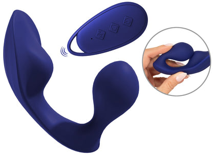 Sweet Smile RC Anal Panty Vibe in Dunkelblau – Produktübersicht mit Anal- und Klitorisstimulator, Fernbedienung und Detailansicht der flexiblen Form