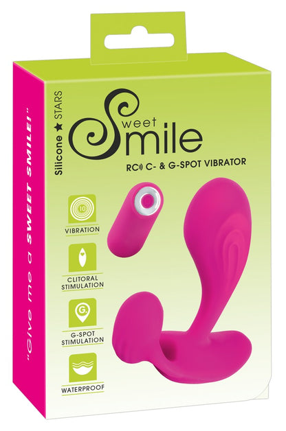 Sweet Smile RC C & G-Spot – flexibler Dual-Vibrator mit Fernbedienung in Pink zusammen mit der grün-pinken Sweet Smile Verpackung