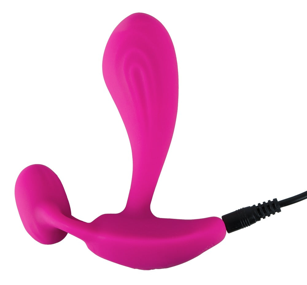 Sweet Smile RC C & G-Spot in Pink – liegende Produktansicht mit zwei Stimulationsarmen und angeschlossenem Ladekabel