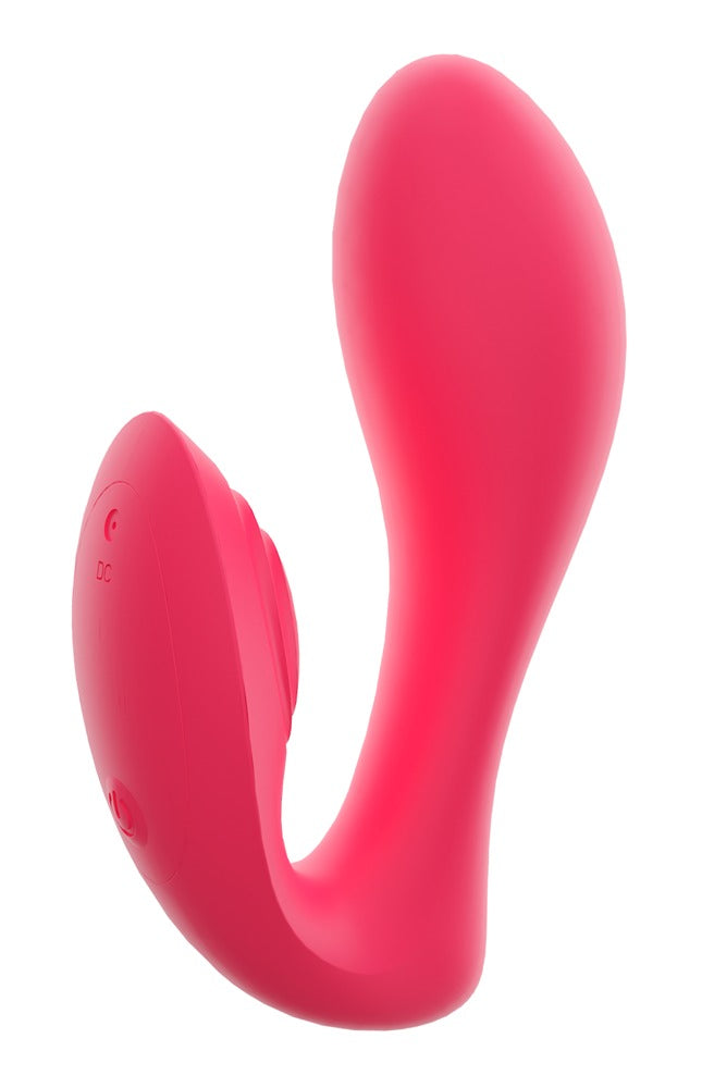 Sweet Smile RC G-Spot Panty in Pink – Seitenansicht mit gebogenem G-Punkt-Arm und kürzerem Außenstimulator