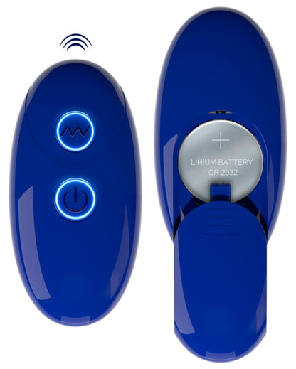 Sweet Smile RC Panty Vibrator Slim – Detailansicht der dunkelblauen Fernbedienung mit Bedientasten sowie Produktansicht mit Ladeanschluss