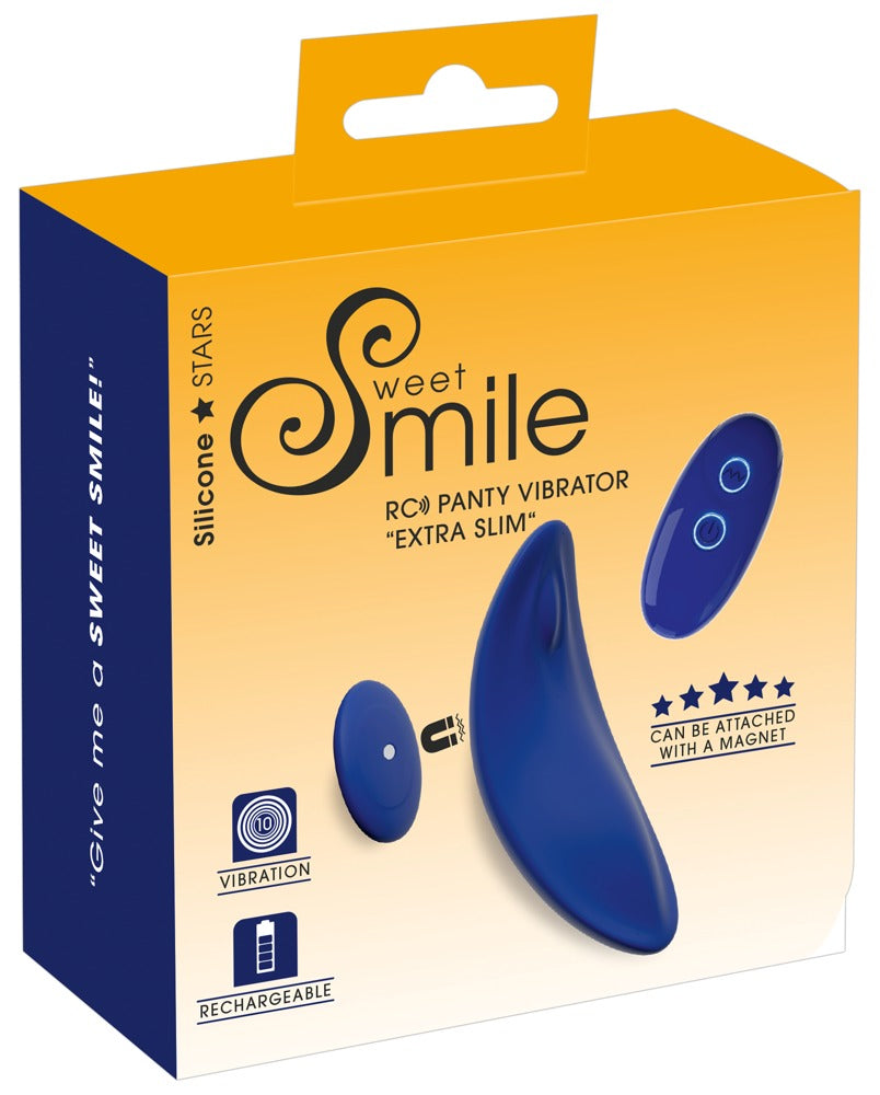 Sweet Smile RC Panty Vibrator Slim in Dunkelblau – Produkt und Fernbedienung zusammen mit der gelb-blauen Sweet Smile Verpackung