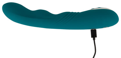 Sweet Smile Rotating G-Spot in Petrol – liegende Produktansicht mit geschwungenem Schaft und angeschlossenem Ladekabel
