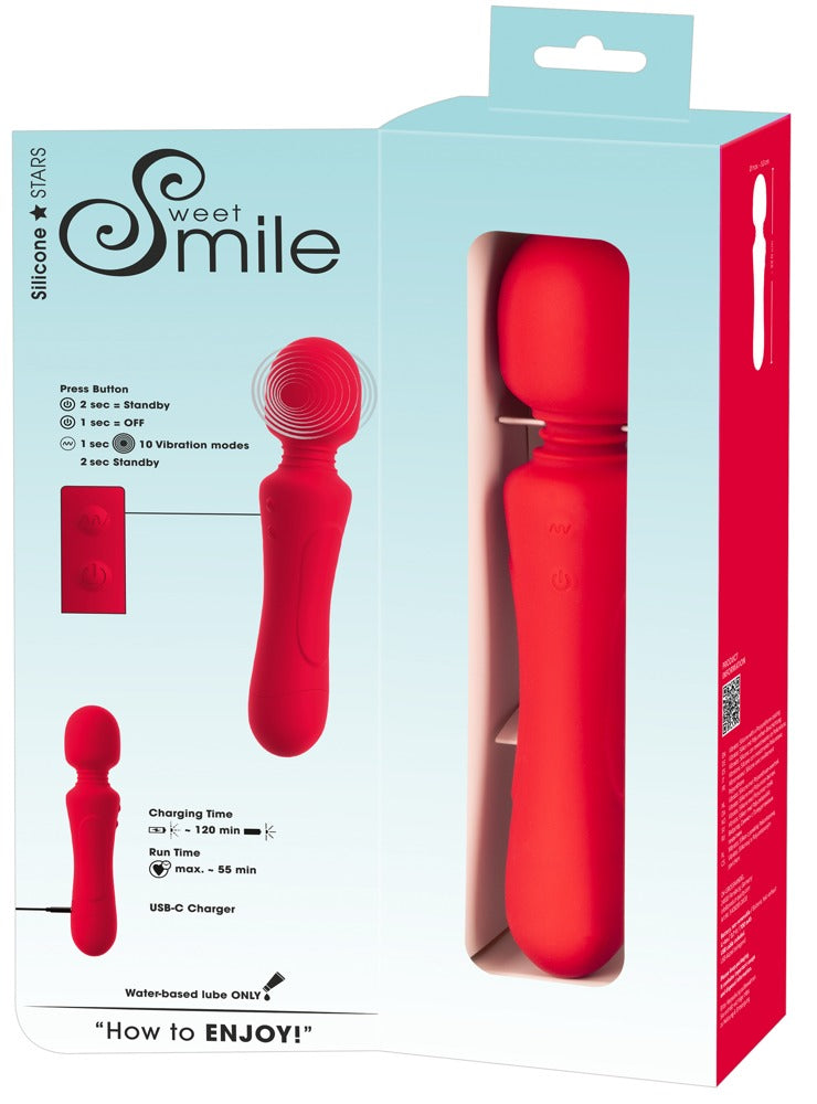 Rückseite der Verpackung des Sweet Smile Super Powerful Vibrating Wand mit Produktdarstellung und Informationen