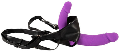 Sweet Smile Super Soft Double – lilafarbener Doppeldildo zusammen mit schwarzem Zubehör des Strap-On-Sets