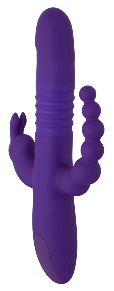 Sweet Smile Thrusting Pearl Triple in Lila – Seitenansicht mit Hauptschaft, seitlichem Rabbit-Stimulator und zusätzlichem Kugel-Stimulator