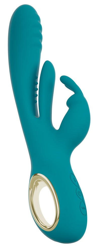 Sweet Smile Thrusting Rabbit in Türkis – Frontansicht mit geschwungenem Schaft, seitlichem Stimulationsarm und goldenem Bedienelement