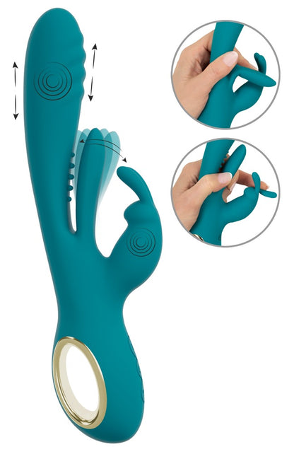Sweet Smile Thrusting Rabbit in Türkis – große Produktansicht mit geschwungenem Schaft, seitlichem Stimulationsarm, goldenem Bedienelement und Detailansichten der flexiblen Form