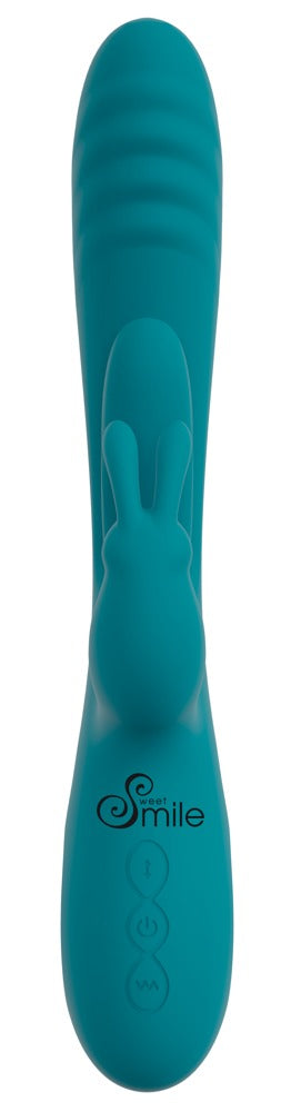 Sweet Smile Thrusting Rabbit in Türkis – Rückansicht mit schlankem geschwungenem Schaft und strukturierter Oberfläche