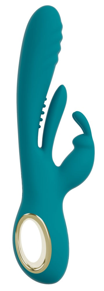 Sweet Smile Thrusting Rabbit in Türkis – schräge Produktansicht mit geschwungenem Schaft, Stimulationsarm und goldenem Bedienelement