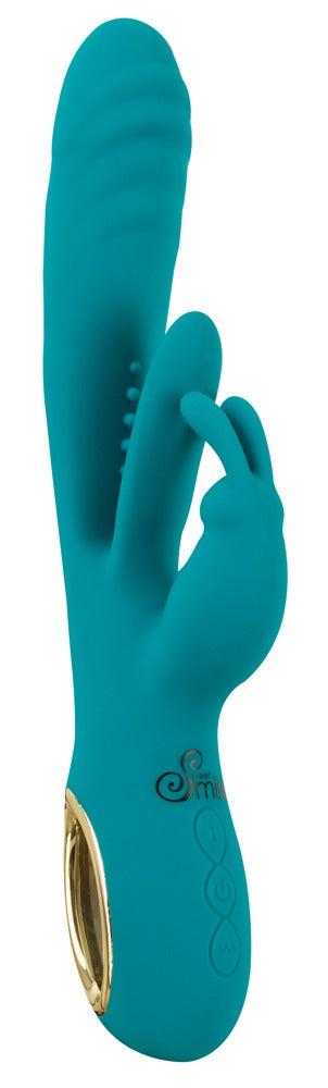 Sweet Smile Thrusting Rabbit in Türkis – Seitenansicht mit gebogenem Schaft und seitlichem Stimulationsarm