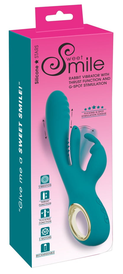 Sweet Smile Thrusting Rabbit mit Flicking Tongue – türkisfarbener Vibrator zusammen mit der pink-türkisen Sweet Smile Verpackung