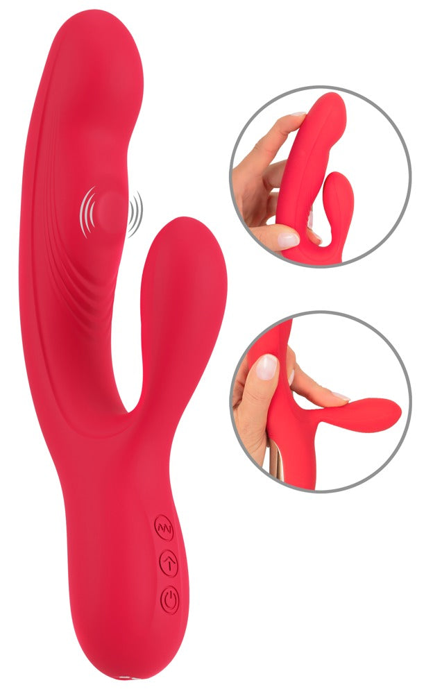 Sweet Smile Thumping Rabbit in Rot – große Produktansicht mit geschwungenem Schaft, seitlichem Stimulationsarm und Detailansichten der beweglichen Klopffunktion