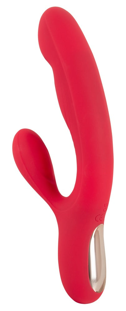 Sweet Smile Thumping Rabbit Vibrator in Rot – schräge Produktansicht mit geschwungenem Schaft und deutlich sichtbarem seitlichem Stimulationsarm