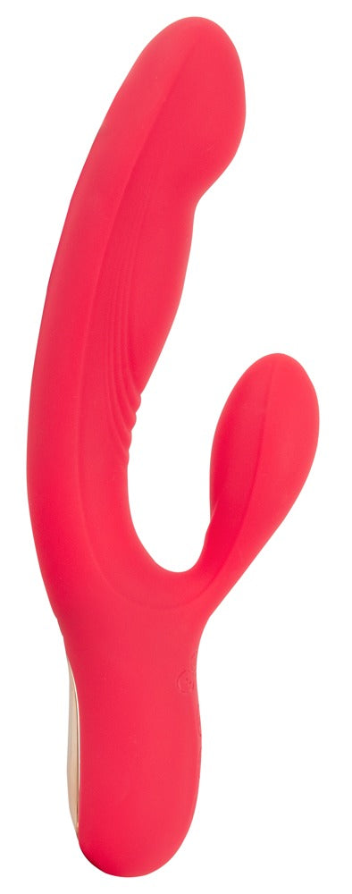 Sweet Smile Thumping Rabbit Vibrator in Rot – Seitenansicht mit geschwungenem Schaft und seitlichem Stimulationsarm