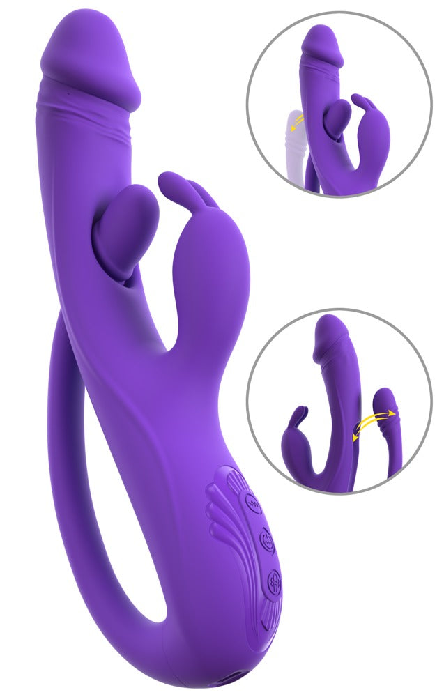 Sweet Smile Triple Action Rabbit in Lila – große Produktansicht mit gebogenem Schaft, seitlichen Stimulationsarmen und Detailansichten der flexiblen Form