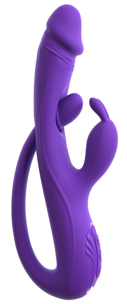 Sweet Smile Triple Action Rabbit in Lila – Seitenansicht mit gebogenem Schaft und mehreren seitlichen Stimulationsarmen
