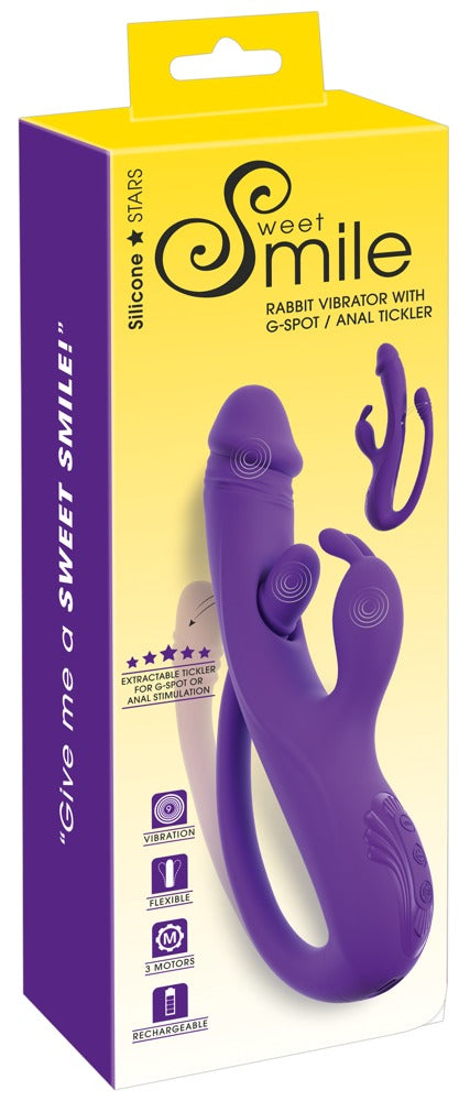 Sweet Smile Triple Action Rabbit mit Vibro-Tickler – Produktansicht zusammen mit der gelb-violetten Sweet Smile Verpackung