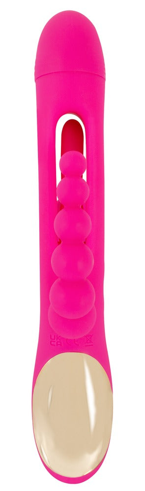 Sweet Smile Triple Vibe with Flicking Tongue in Pink – Produktansicht mit sichtbarem Bedienelement und goldfarbenem Griffende