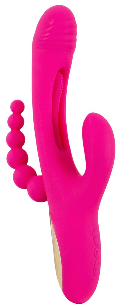Sweet Smile Triple Vibe with Flicking Tongue in Pink – Frontansicht mit mehreren unterschiedlich geformten Stimulationsarmen