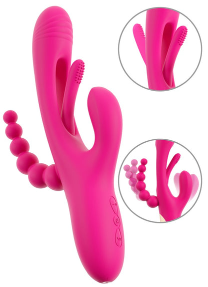 Sweet Smile Triple Vibe with Flicking Tongue in Pink – große Produktansicht mit mehreren Stimulationsarmen und Detailansichten der Flicking-Tongue-Elemente