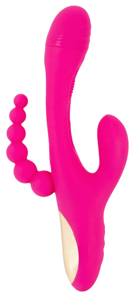 Sweet Smile Triple Vibe with Flicking Tongue in Pink – Rückansicht mit länglichem Hauptkörper und seitlichen Stimulationsarmen