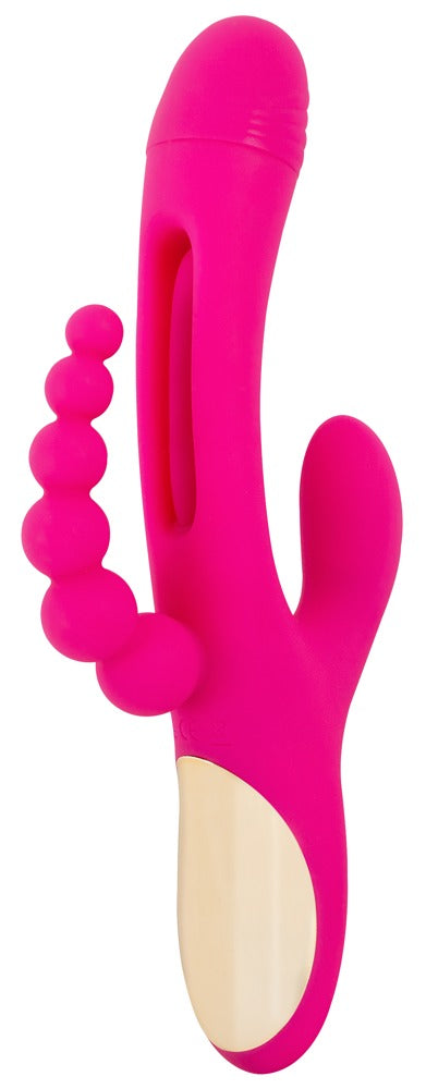 Sweet Smile Triple Vibe with Flicking Tongue in Pink – Seitenansicht mit gebogenem Hauptkörper und mehreren seitlichen Stimulationsarmen