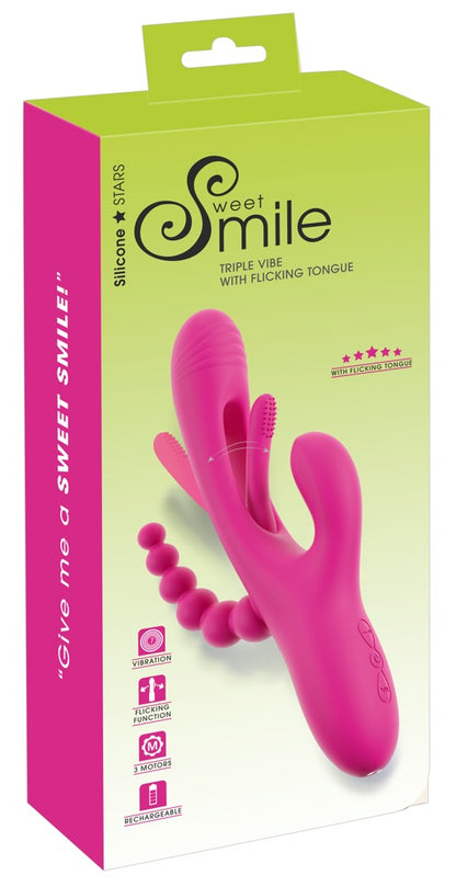 Sweet Smile Triple Vibe with Flicking Tongue in Pink – Produktansicht zusammen mit der pink-grünen Sweet Smile Verpackung