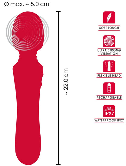 Produktgrafik des Sweet Smile Vibrating Wand mit Maßen und Übersicht wichtiger Funktionen