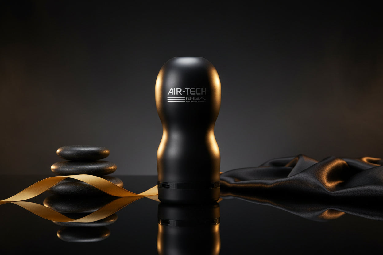 Tenga Air Tech Schwarz Masturbator mit Luftkissen-Technologie und Vakuumeffekt in Frontansicht