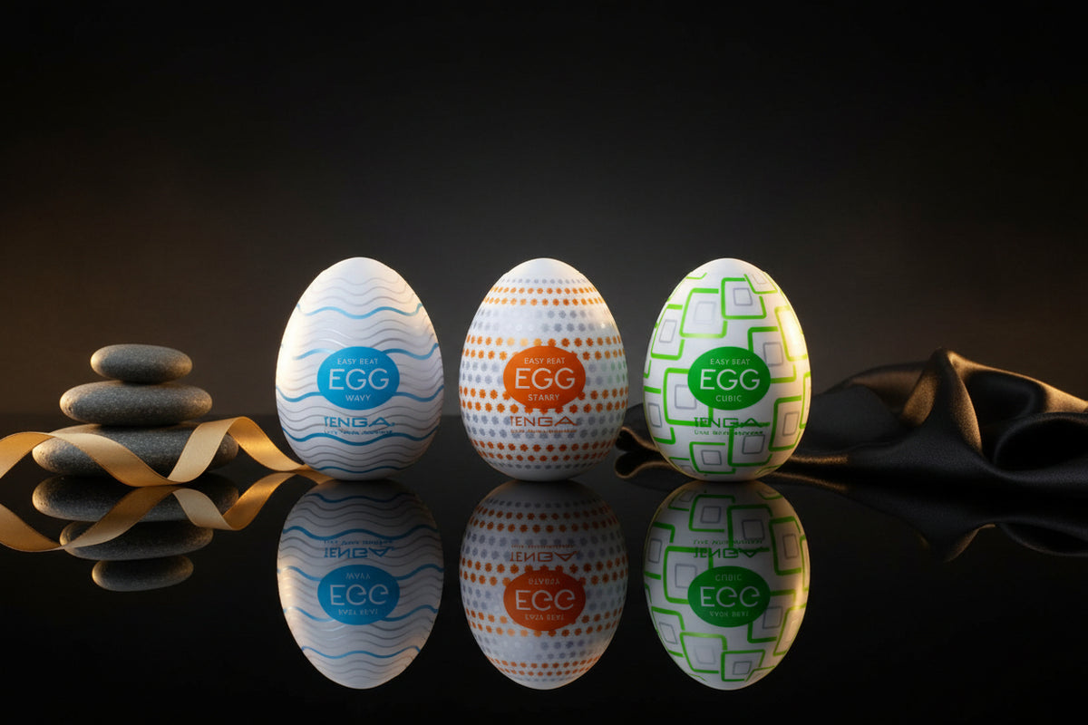Tenga Egg Standard Set 1 mit drei verschiedenen Struktur-Sleeves.