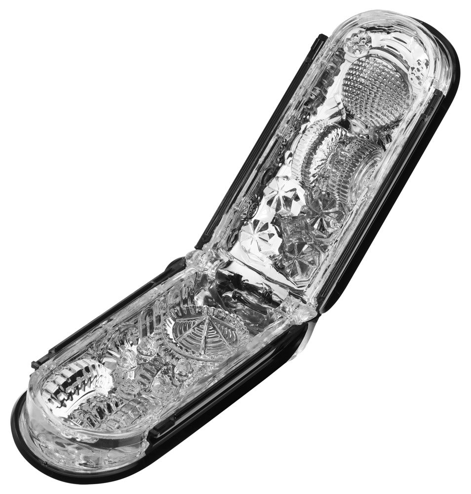 Tenga Flip 0 Gravity Schwarz aufgeklappt mit sichtbarer Innenstruktur