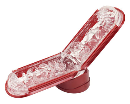 Geöffneter Tenga Flip 0 Red Warmer mit sichtbarer Innenstruktur und feinen Noppen- und Rillenmustern
