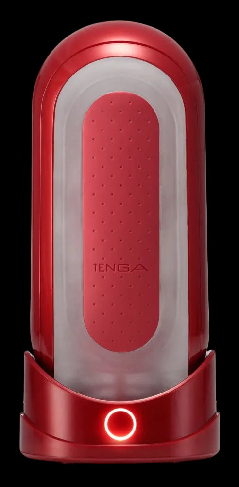 Tenga Flip 0 Red Warmer Masturbator in geschlossener Ansicht in edlem Rot