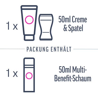 Veet EXPERT Intim Set Inhalt mit Creme Spatel und Pflegeschaum